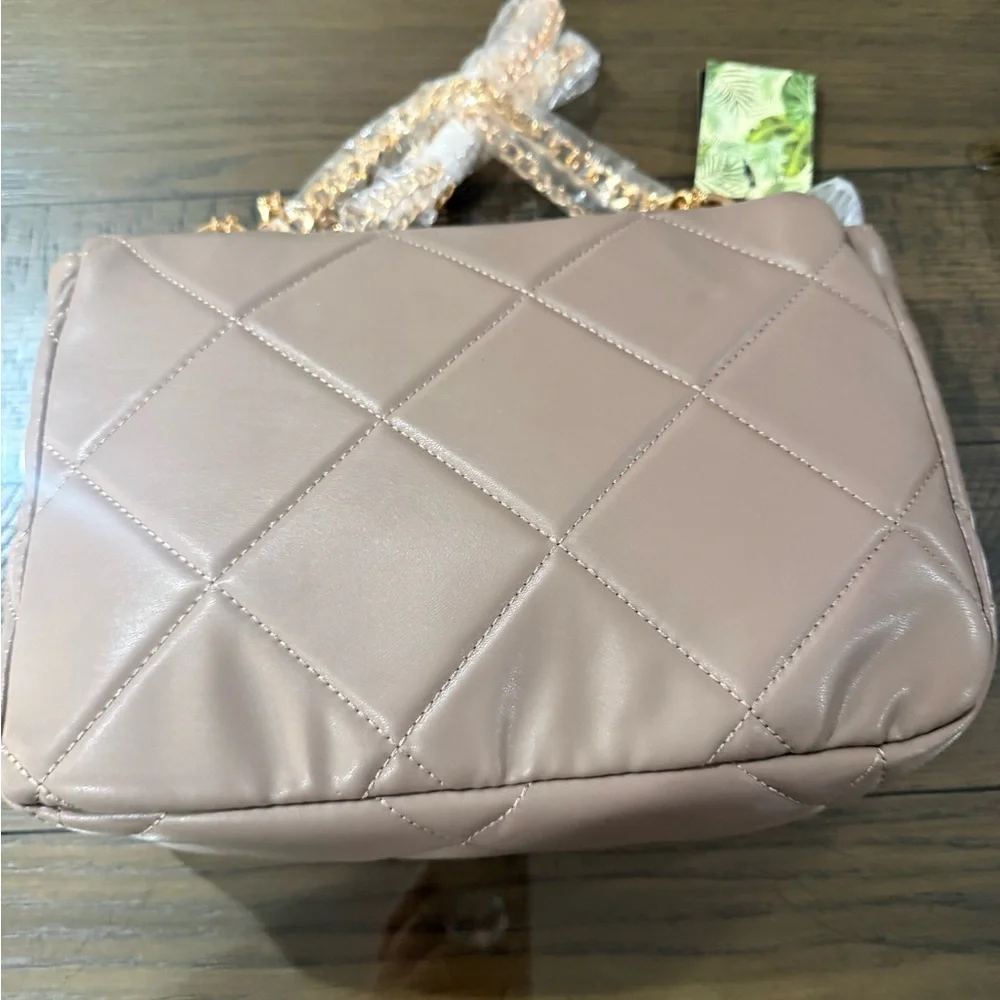 Badgley Mischka Quilted Shoulder Bag, Gold Chain Accent tan taupe beige gift
